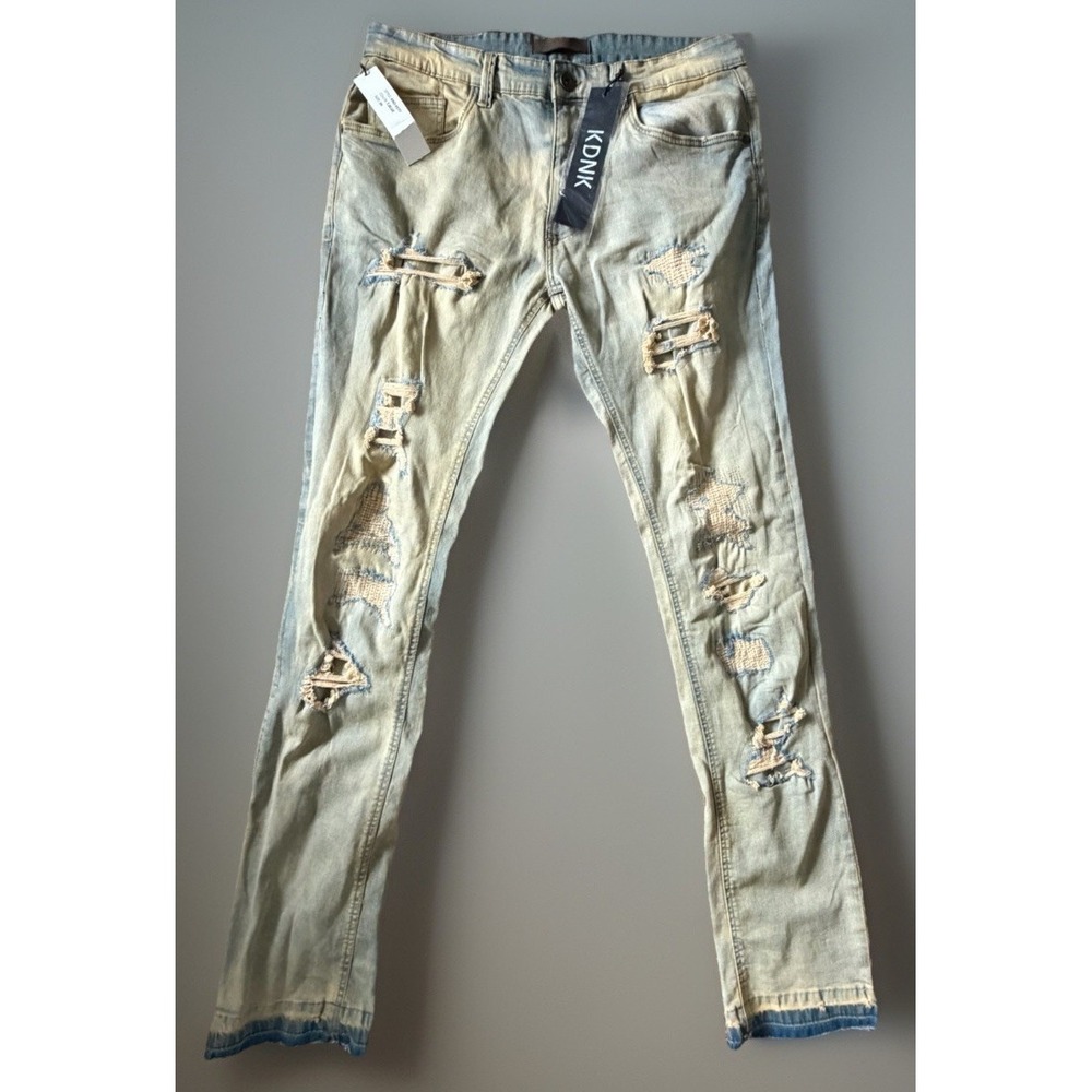 New KDNK Stacked Denim Jeans Pant Tinted Blue Distressed Skinny Size 36 NWT JBHS
